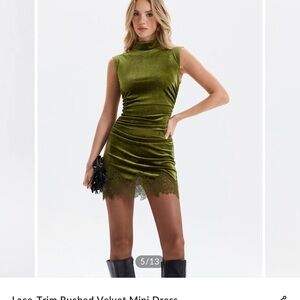 Commense Olive Velvet Mini Dress with Lace Detail